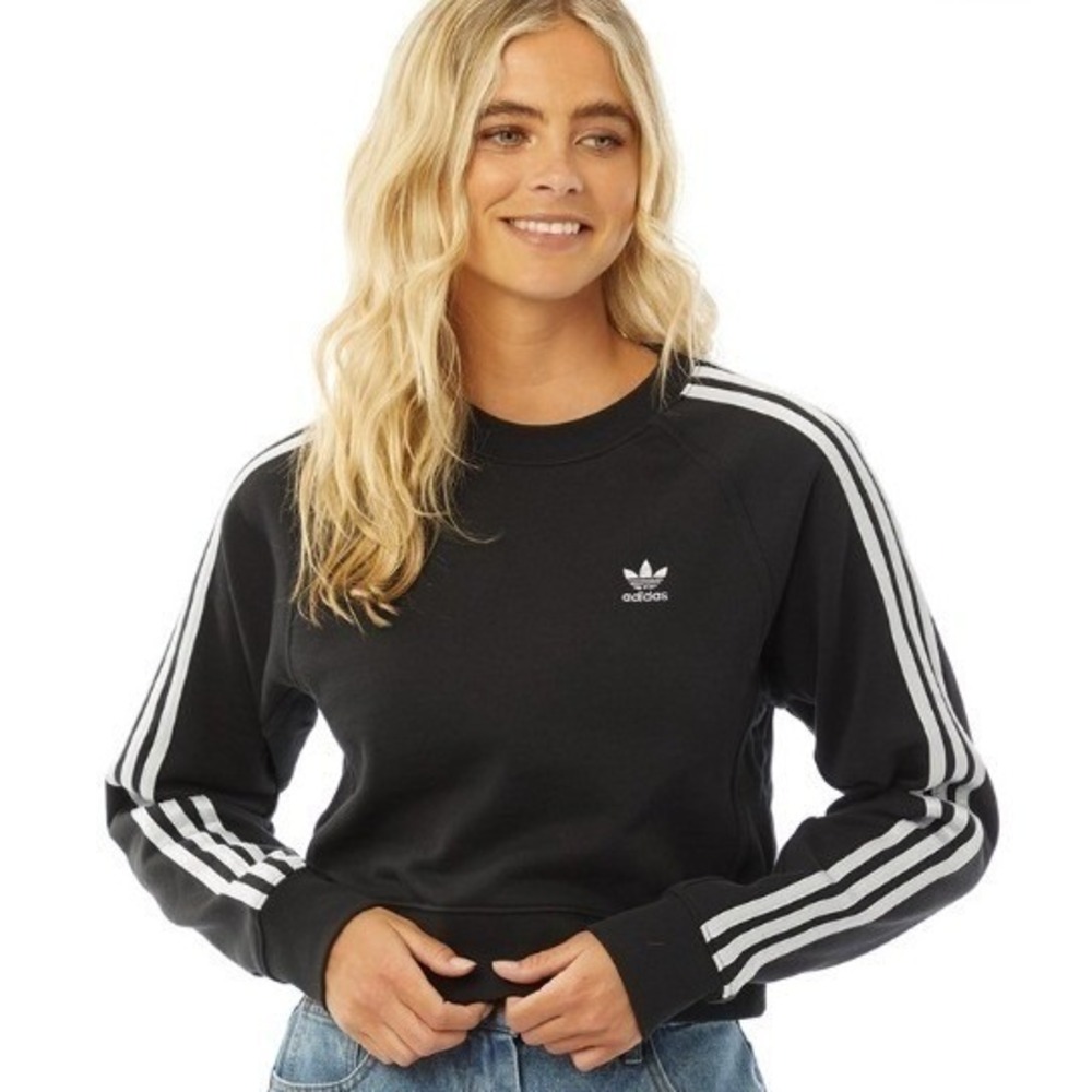 Adidas Sweater Womens XS Black 3 Stripes Cropped‎ Terry Crew Neck Sweatshirt